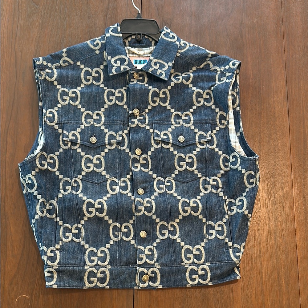Gucci Blue Denim Vest with White Logo Pattern